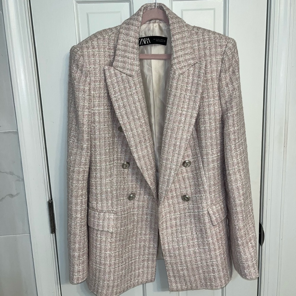 Zara Women's Pink Tweed Double-Breasted Blazer